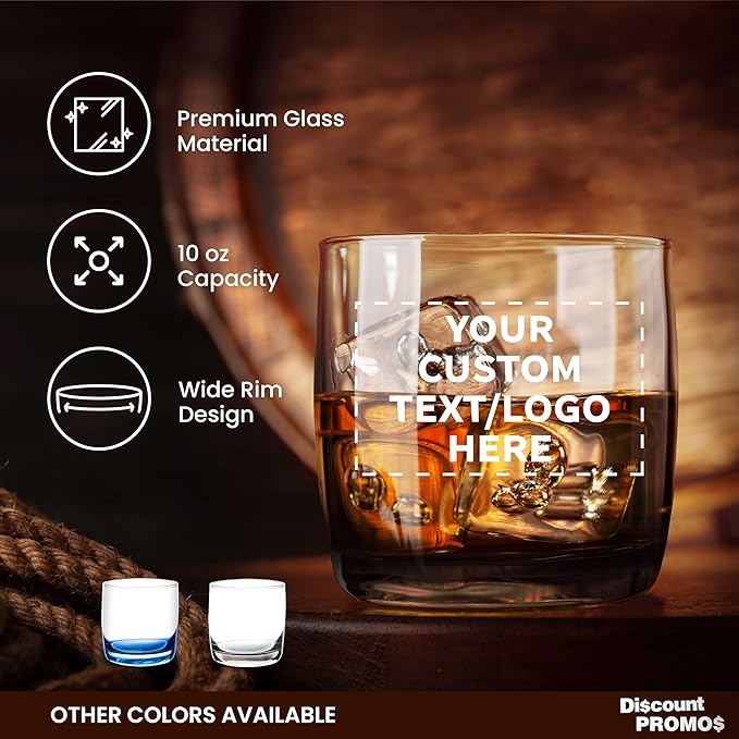 DISCOUNT PROMOS Custom Whiskey Glasses 10 oz Set of 10/50/100, Personalized Bulk Pack - Heavy Base Old Fashioned Glass, Perfect for Scotch, Bourbon, Whiskey, Cocktail - Black Bottom Color