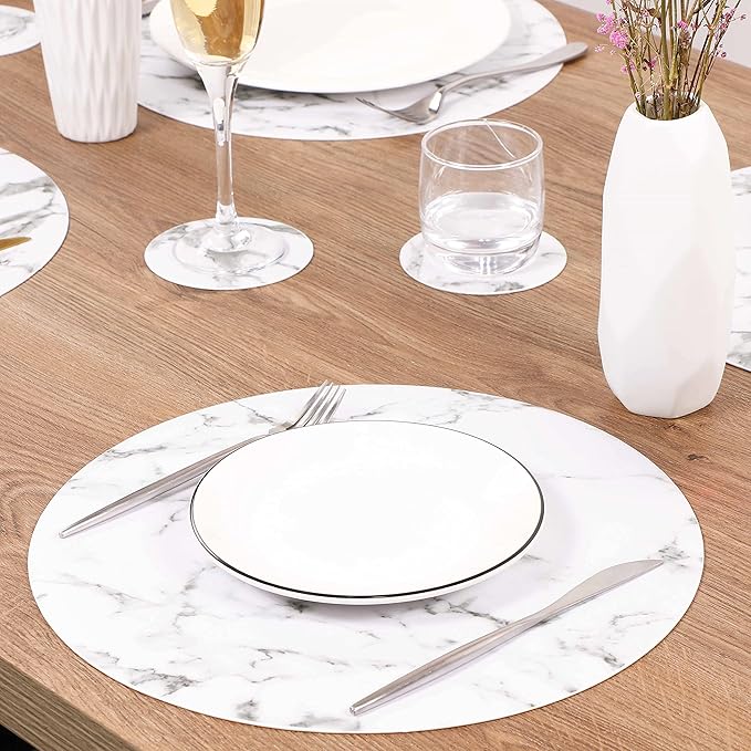 Set of 6 Marble Round Placemats and Coasters, Faux Leather Waterproof Table Mats, Easy to Wipe Off for Kitchen Dining Round Table