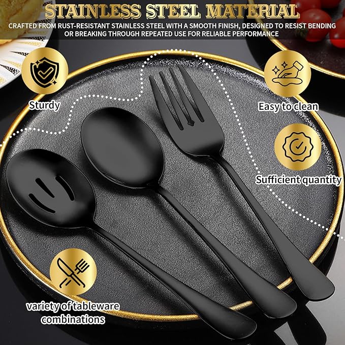 30Pcs Serving Utensils Set Serving Spoons, Buffet Tongs, Cake Spatula, Forks, Perforated Ladles, Soup Scoops, Skimmers and Black Heavy-Duty Serving Tongs (Black)