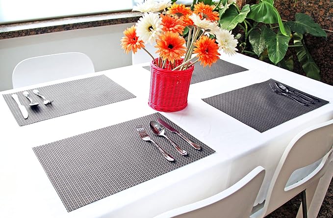 New Star Foodservice 28195 Crossweave Woven Vinyl Placemats, Set of 4, Electrum Silver