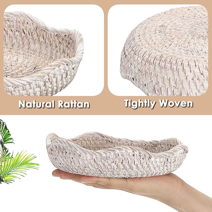 Hipiwe Handwoven Rattan Basket Tray Decorative Key Tray for Entryway Table Handwoven Wicker Storage Bowl for Fruit Bread Candy, Whitewash 7.9 Inch
