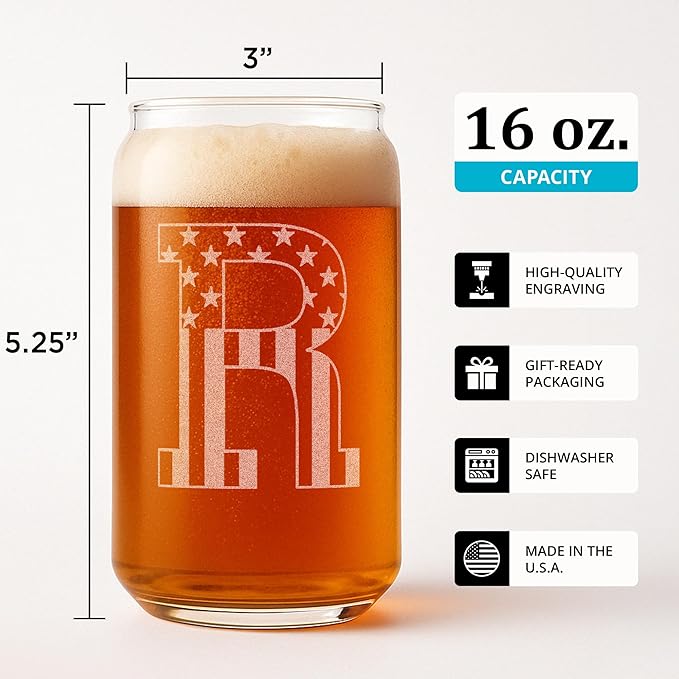 Monogram Beer Glasses for Men (A-Z) 16 oz - Beer Gifts for Men Brother Son Dad Neighbor - Unique Gifts for Him - Personalized Drinking Gift Beer Glass Mugs - Engraved Beer Can Glass (R)