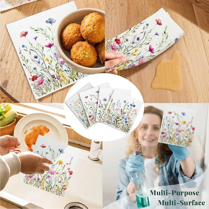 Flowers Swedish Dishcloths for Kitchen, Papaya Reusable Paper Towels, 4 Pack Wildflowers Watercolor Dish Cloths, Washable