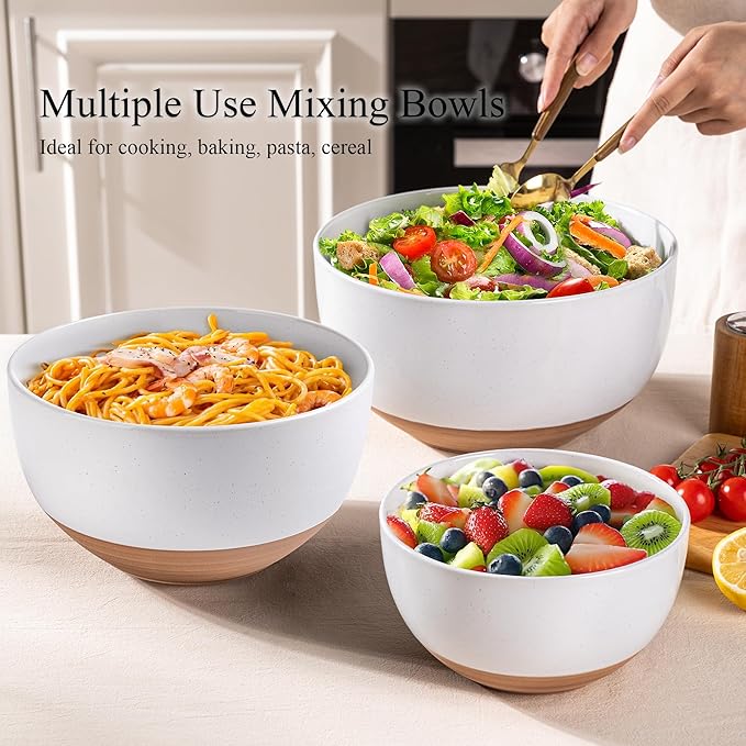 AmorArc Ceramic Mixing Bowls|Nesting Bowls Set of 3 for Kitchen|Stoneware Serving Bowls with Rustic Terracotta Underside for Mixing,Cooking,Baking,Salad| Microwave & Dishwasher Safe 4.6/2.8/1.3 Qt
