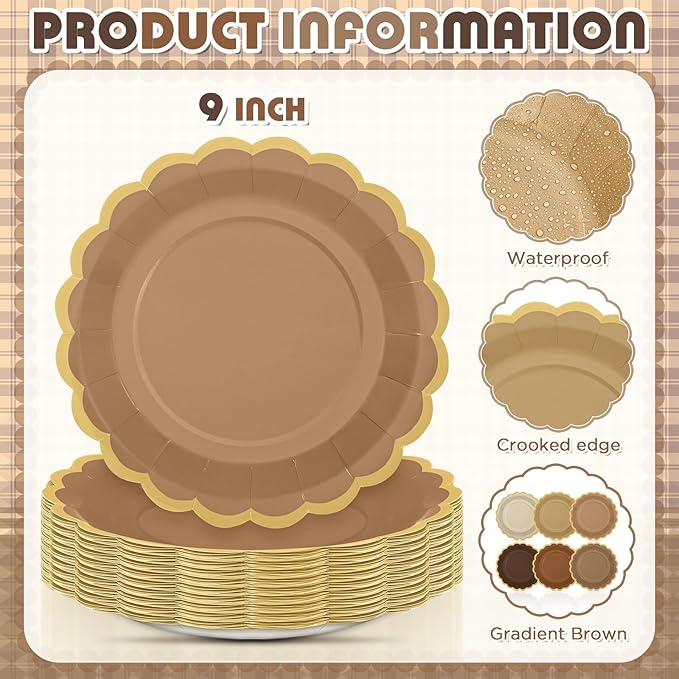 48 Pcs Brown Paper Plates 9 Inch Gradient Brown Scalloped Paper Disposable Dinner Dessert Plates for Birthday Wedding Bridal Party Supplies, 6 Colors