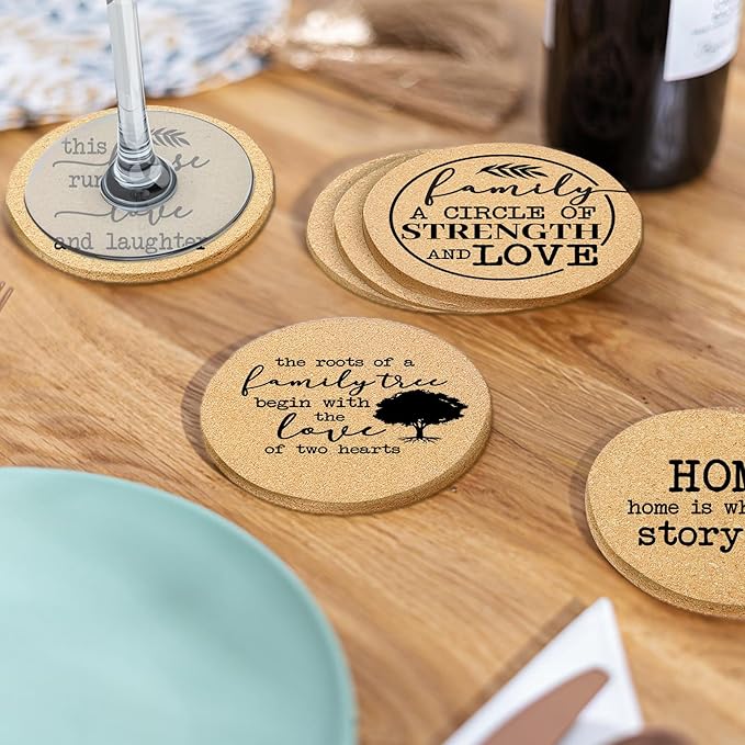 Coasters for Drinks with Holder Set of 6, Family Coasters Home&Love Coaster for New Home Couples House Warming Gifts Absorbent Cork Wood for Cup Desk Coffee Table Office Kitchen Decor, Round 4"