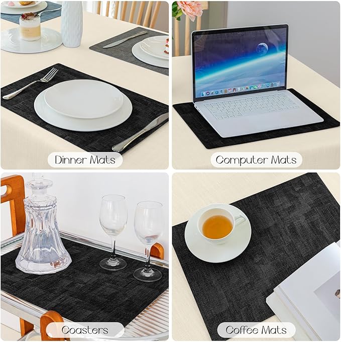 Romanstile Vinyl Placemats Set of 6-12 x 17 Inch - Heat Resistant Place Mats 100% Waterproof Oilproof Wipeable Reversible Faux Leather Table Mats for Kitchen/Dining/Party/Holiday, Black