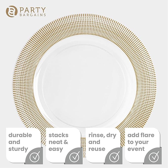 PARTY BARGAINS 13-Inch Charger Plates - 8 Pack, Clear Gold Textured Rim, Heavy-Duty Disposable Chargers for Elegant Dining - Ideal for Weddings and Formal Events