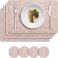 MOSAYT Faux Leather Placemats Set of 6, Heat Resistant Vinyl Place Mats with Coasters, Wipeable Washable Waterproof Oil Proof Table Mats for Kitchen Dining Indoor Outdoor, 12" x 17", Pink