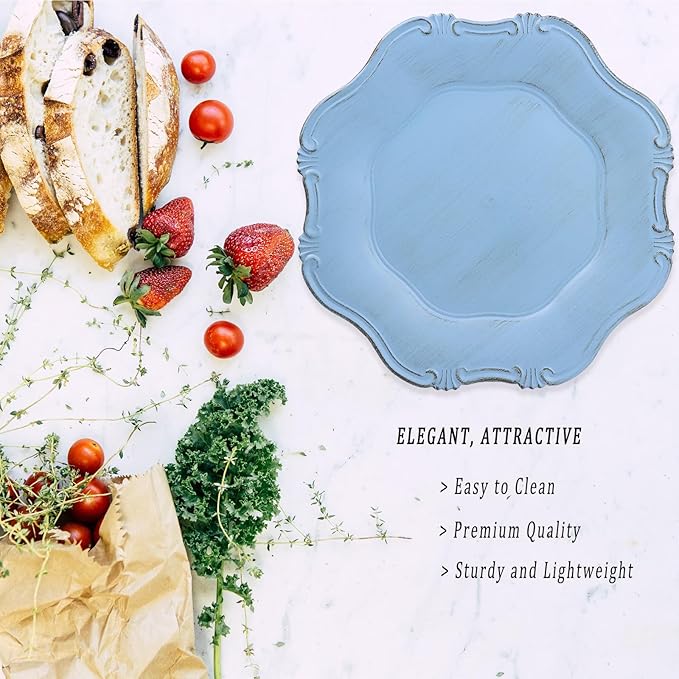 Blue Charger Plates Set of 6, Decorative Table Plastic Chargers for Dinner Plates, Party, Wedding, Thanksgiving, Christmas, 22BL