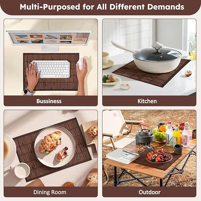 Bamboo Placemats Set of 4 Rectangular Natural Bamboo Table Mats for Dining Kitchen Table Protection Heat Resistant 17.7" W x 11.8" L Dark Brown