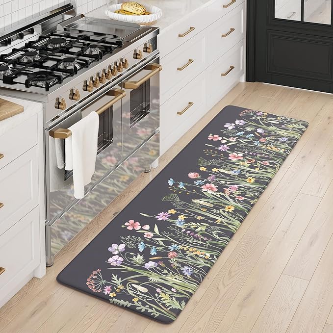 KIMODE Anti Fatigue Floor Mat, Cushioned Farmhouse Runner Rug, Non Slip, Memory Foam for Kitchen, Laundry, Office, Sink Dark Gray/Purple 17.3"x59"