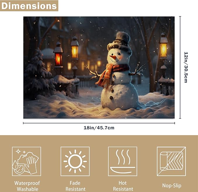 Christmas Snowman Placemats Set of 6, Linen Washable for Christmas, Thanksgiving, Party, and Daily Dining, Decorative Winter Table Mats for 4-6 Person Table