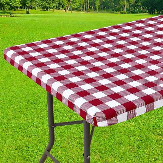 Smiry Rectangle Picnic Table Cloth, Elastic Waterproof Fitted Vinyl Tablecloths, Flannel Backed Buffalo Plaid Table Covers for Dining, Camping, Outdoor (Burgundy and White, 30" x 48")