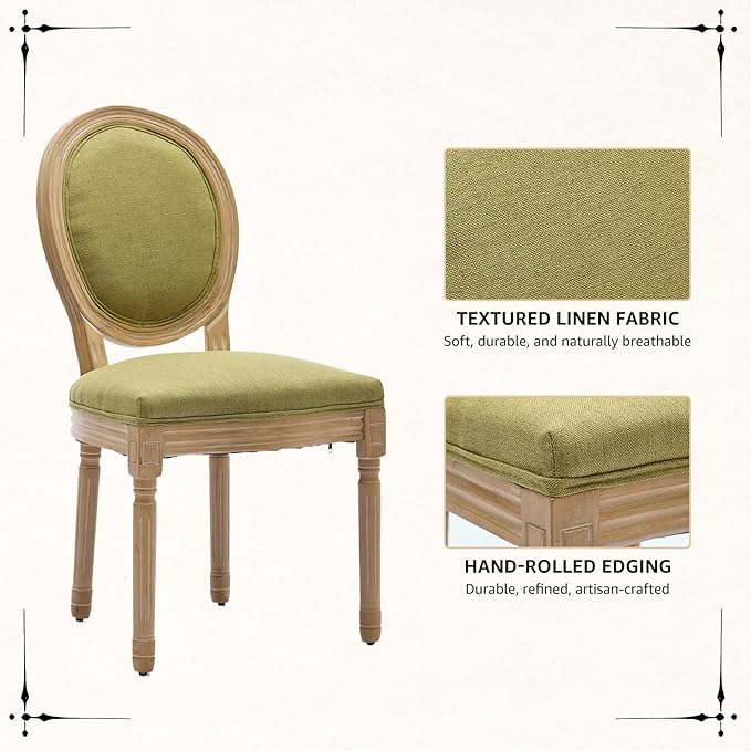 Vintage French Dining Chairs Set of 6, Round Back Upholstered Accent Chairs in Linen Fabric with Solid Wood Frame, Farmhouse Sillas de Comedor for Dining Room & Kitchen, Olive Green