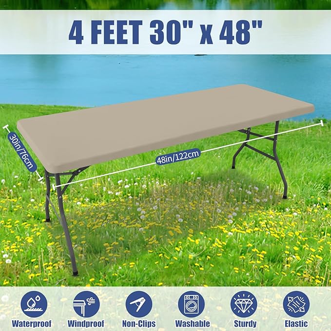 Spandex 4 Foot Rectangle Table Cloth 2 Pack, Elastic Fitted Tablecloths for Picnic, Stretch Washable Patio Table Cover for Outdoor, Camping, Banquet and Parties (Taupe, 30"x48")