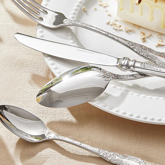 KINGSTONE Vintage Carved Silverware Set, 60-Piece 18/10 Stainless Steel Flatware Cutlery Set with Retro Royal Thick Handle, Tableware Utensils for Home, Restaurant, party, Wedding, Dishwasher Safe