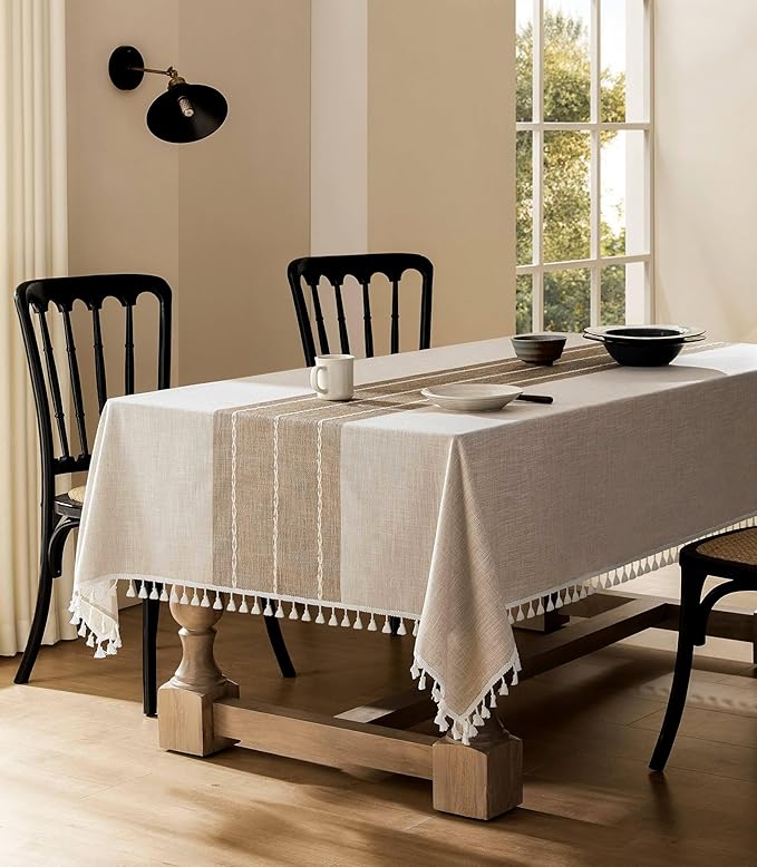ZeeMart Contrast Linen Table Cloth Rectangle Table Cloths 60x84 Inch Brown, Farmhouse Style Heavy Weight Beige Tablecloth, Water Resistant Burlap Tablecloths