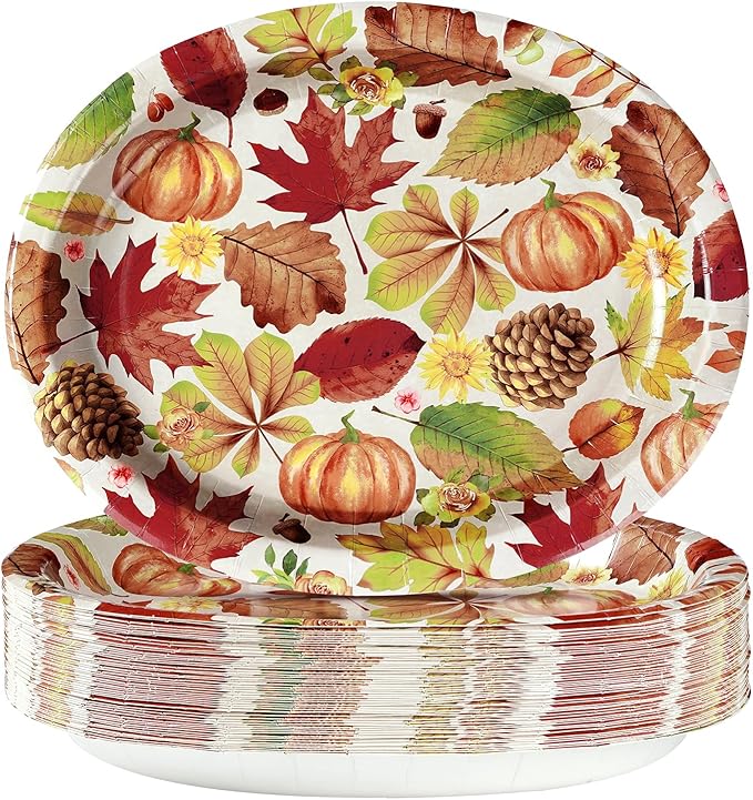 50 Pcs Fall Leaves Pumpkin Oval Plates 10" x 12" Large Disposable 400 GSM Fall Paper Plates Thanksgiving Plate for Fall Themed Party Dinnerware Supplies Thanksgiving Holiday Party Kitchen Table Decor