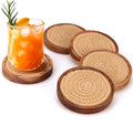 5 Pcs Best Absorbent Wooden Coasters Set - 4 Inches Brown Woven Coaster Modern Acacia Wood Coasters for Drinks, Coffee Table Decor, Farmhouse, Bar, Office, Beer, Kitchen, Dining Room, Outdoor, Desk