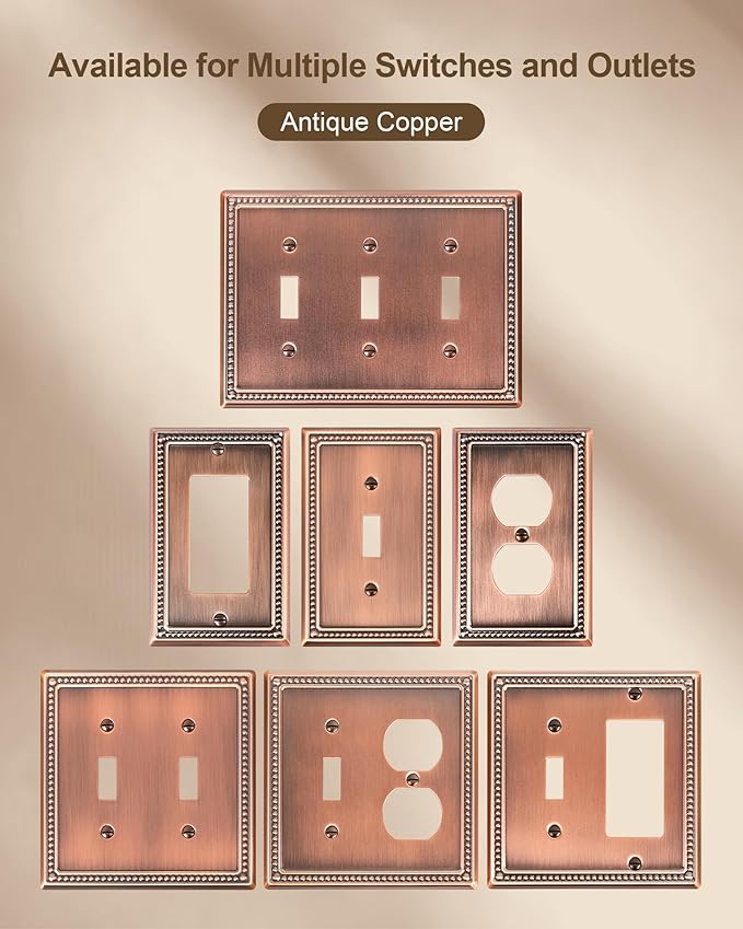 4-Pack Duplex Outlet Cover Plate, Antique Copper Metal Wall Plates for Electrical Outlets, 1 Gang Receptacle Cover, Pearls Decorative Switch Plates and Outlet Covers