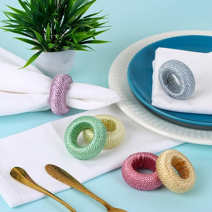 ALPHA Living HOME Woven Rayon Napkin Rings Set of 12 - Elegant Napkin Holder for Cloth Napkins for Dining Table - Boho Home Decor for Easter, Holiday, Christmas, Everyday Dinner Party (Pastel Color)