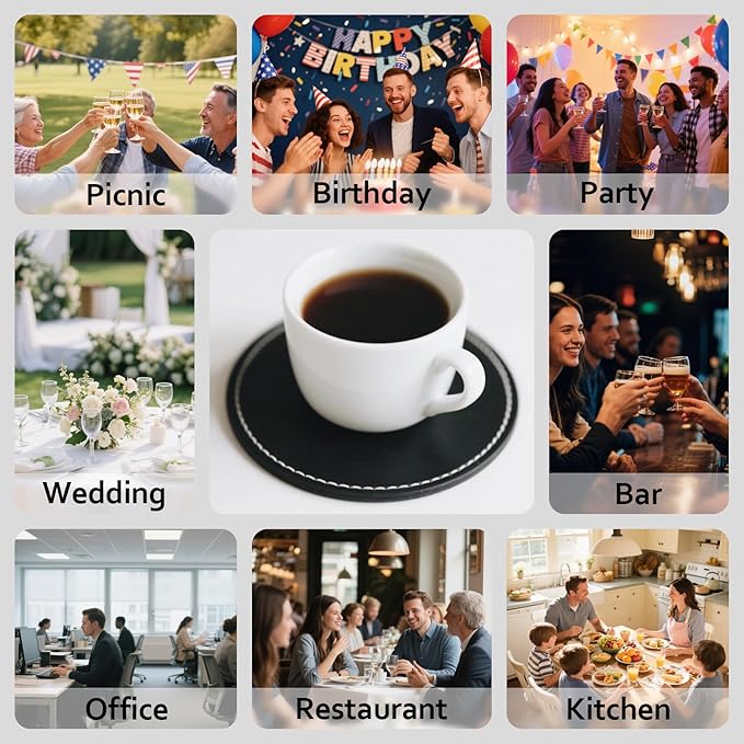Custom Personalized Leather Coasters - Set of 6 | DIY Name, Photo, or Logo Coasters for Coffee Table, Bar, Beer, Wine | Ideal Housewarming Gift, Black