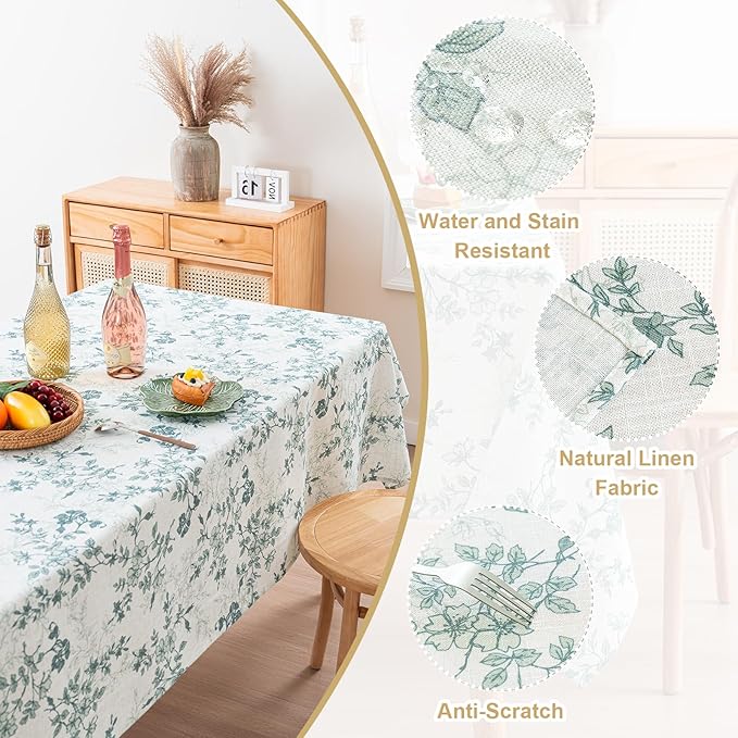 H.VERSAILTEX Linen Table Cloths Floral Printed Tablecloth Spill-Proof Waterproof Table Cover for Dining Buffet Feature Soft and Thick Fabric Wrinkle Free, 60 x 60 Inch, Retro Floral - Sage