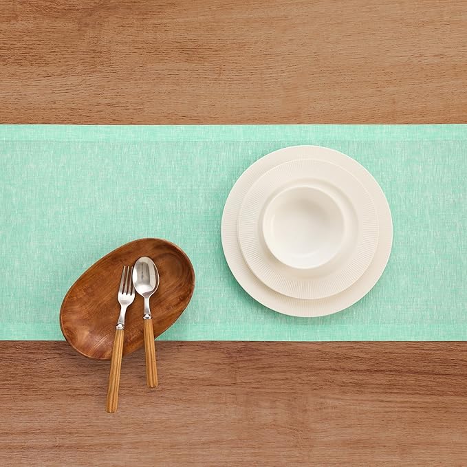 Solino Home Linen Table Runner 60 Inches - 100% Pure Linen Chambray Aqua Table Runner 14 x 60 Inch Ideal for Dresser and Coffee Tables - Athena, Winter, Spring, Easter