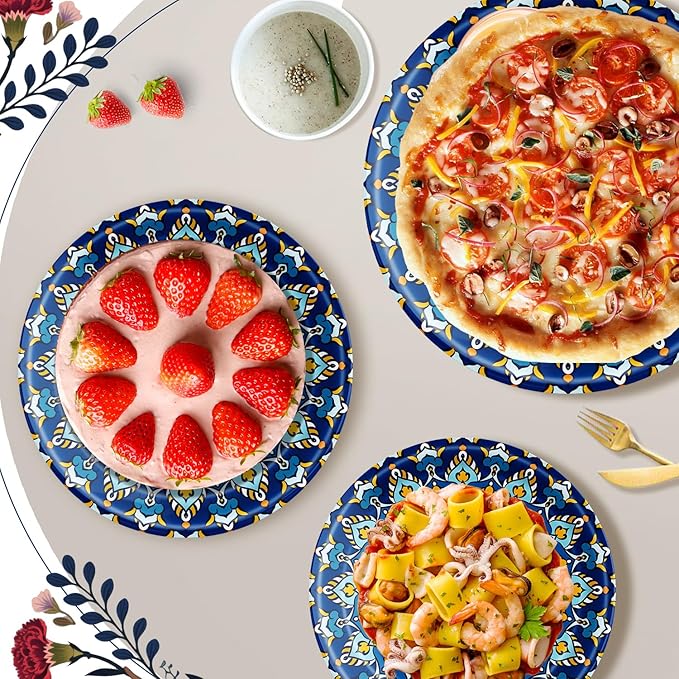 ZULYSTO 100 Count Boho Paper Plates (50×7"+ 50×9") – Disposable Plates for Party, Retro Bohemian Style Dessert Dinner Plate Set for Daily Use, Holiday, Wedding, Events