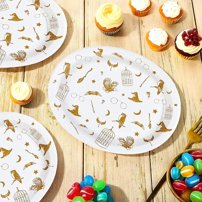 50Pcs Magical Oval Paper Plates 10" x 12" Large Disposable Heavy Duty Golden Wizard Theme Paper Platters Fantasy Magic Dessert Plates for Boy Girl Magical Wizard Themed Birthday Party Supplies