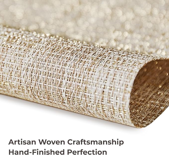 Leetaltree Luxury Beige and Gold Woven Placemats Set of 6 - Waterproof Washable Textured Table Mats for Wedding, Anniversary, Daily Use - Sparkling Metallic Thread Table Decor - Hand-Cut
