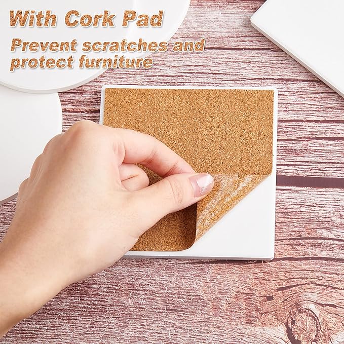 Zopeal 24 Pcs Ceramic Tiles for Crafts Coasters Include Unglazed White Ceramic Tiles with Cork Backing Pads Use with Alcohol Ink Acrylic Pouring for DIY Project Gift (Square,Round)