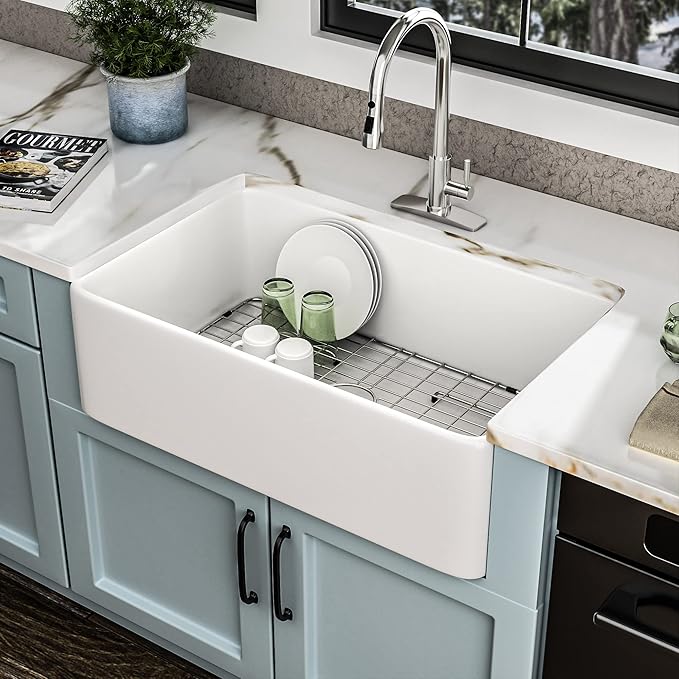 30 White Farm Sink - Fulorni 30"x20" Farmhouse Kitchen Sink Flat Apron Front White Ceramic Porcelain Fireclay Farmer Country Style Single Bowl Basin