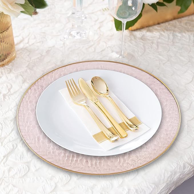 PARTY BARGAINS 13-Inch Charger Plates - 96 Pack, Hammered Pink Gold Rim, Heavy-Duty Disposable Chargers for Elegant Dining - Ideal for Weddings and Formal Events