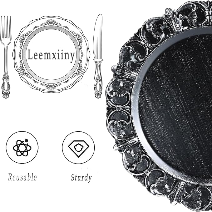 Black Charger Plates Set of 6, Decorative Table Plastic Chargers for Dinner Plates, Party, Wedding, Thanksgiving, Christmas, 11B