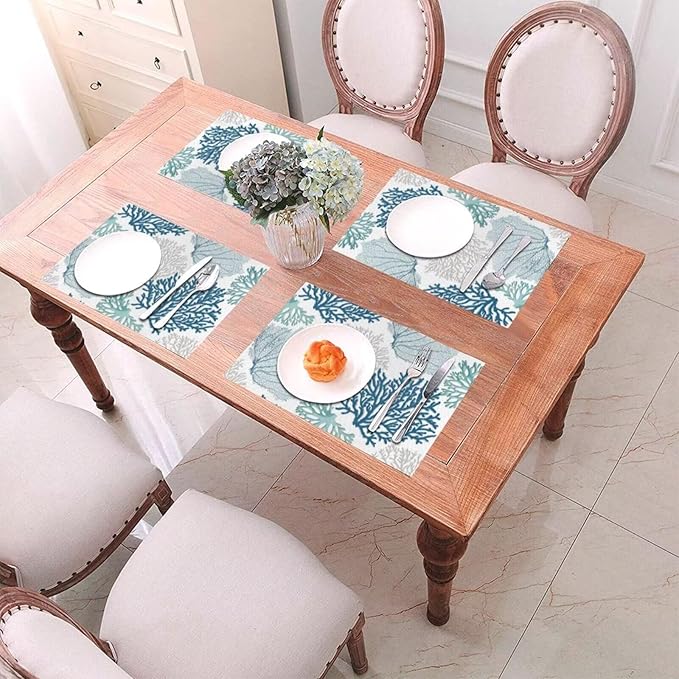 Placemats Set of 6 Nautical Blue Coral Place Mats Coastal Teal Beige Coral Woven Table Mats Washable Ocean Theme PVC Placemat for Dining Kitchen Decor Indoor Outdoor, 12 x 18 Inch