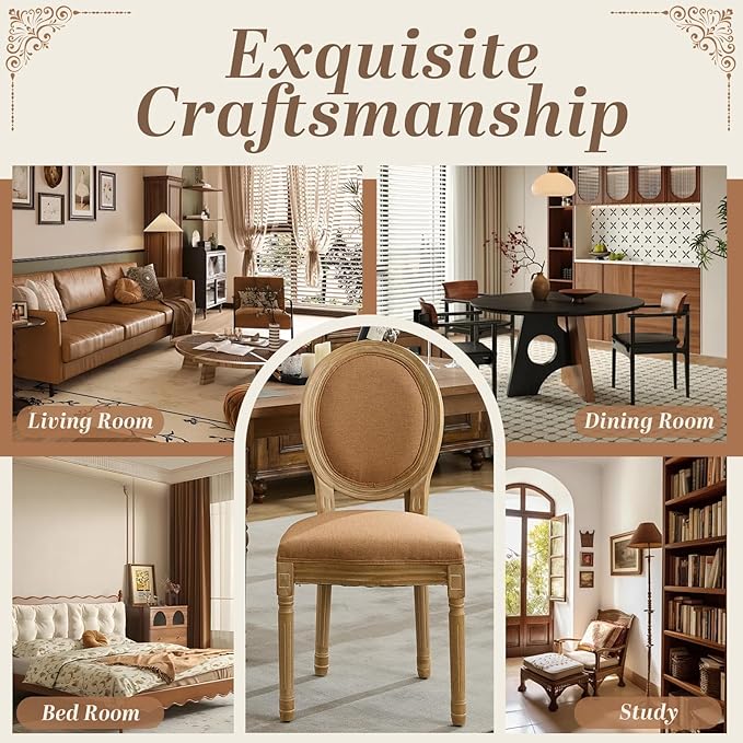 SoarFlash French Dining Chairs Set of 6, Vantage Dining Chair with Round Back, Wood Leg Farmhouse Country Dining Chair for Kitchen,Bedroom,Brown
