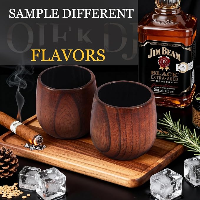 Original Wooden Bourbon Whiskey Glasses Set of 2, Handcrafted Charred Oak Wooden Bourbon Tumblers for Scotch, Unique Gifts for Men(2Pack)