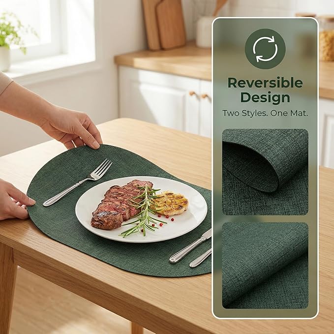 Placemats Set of 8 - Washable Heat Resistant Table Placemats - Wipeable Faux Leather Oval Place Mats, Waterproof Table Mats for Dining Table, Green