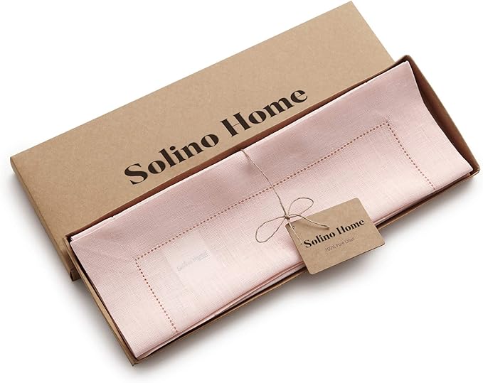 Solino Home Linen Placemats Set of 4 - Classic Hemstitch Pink Placemats 14 x 19 Inch - 100% Pure Linen Table Mats for Valentines, Spring, Easter