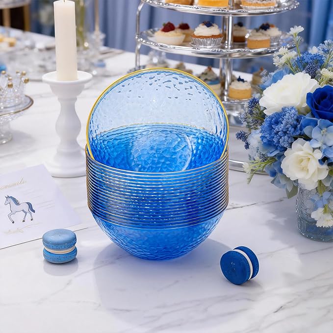 Tinybee 50 Pack Blue Plastic Bowls - Blue Disposable Bowls for Party with Gold Rim, 16-20oz Premium Hammered Bowls Disposable Heavy Duty, Plastic Salad Bowls for Milk Cereals, Snacks, Salads