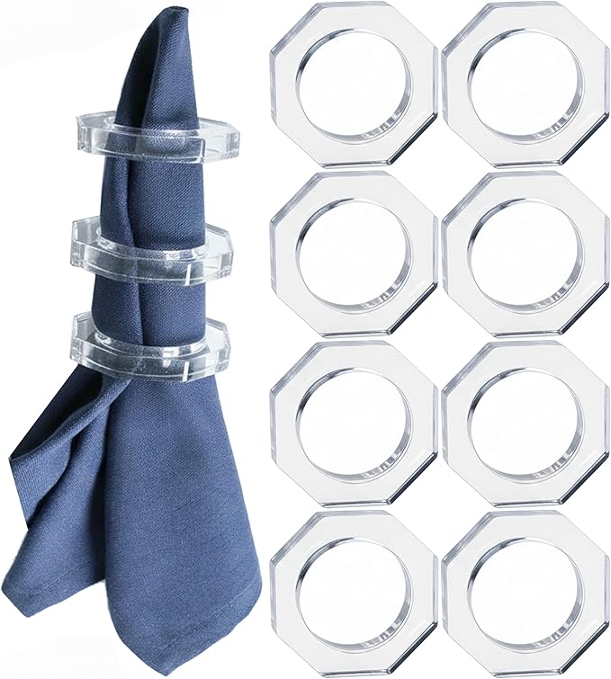 CLEENTABLE Acrylic Napkin Rings Set of 8 - Octagon Transparent Design for Christmas, Thanksgiving, Holiday Table Decor - Durable Crystal Napkin Holders for Dinner Parties & Everyday Use (Opaque)