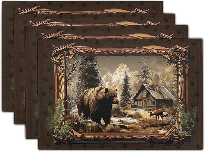 Bear Placemats Set of 4 - Rustic Lodge Place Mats 12x18 Vintage Cabin Table Mats Farmhouse Kitchen Mats for Party Dining Table