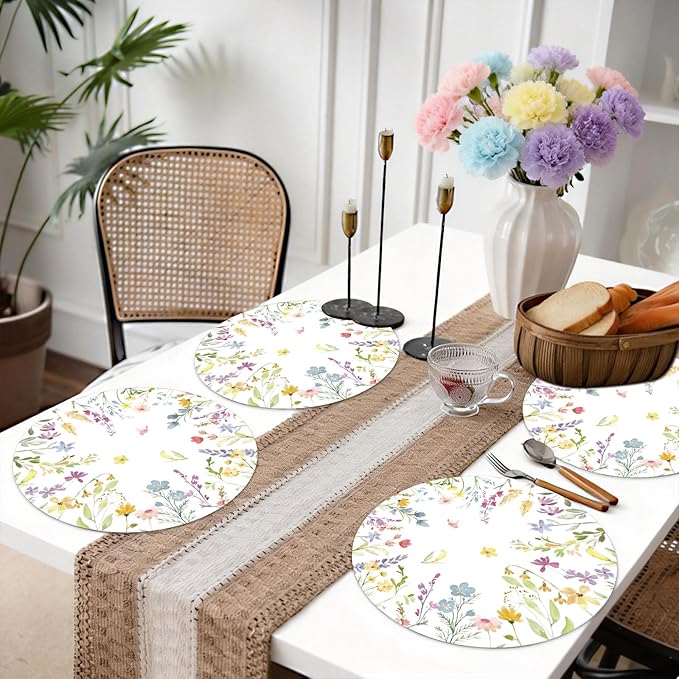 50PCS Floral Disposable Paper Placemats 13.5 Inch Flowers Placemats Pastel Watercolor Round Table Mats for Spring Weddings, Brunch & Garden Parties