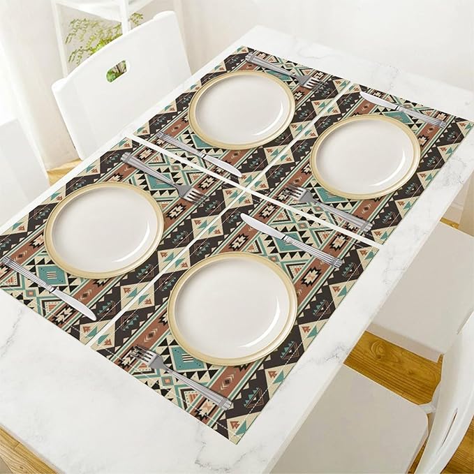 Aztec Southwest Placemats Rustic Tribal Geometric Decorative Table Mat Antique Native Heat Resistant Place Mats for Dining Kitchen Party Holiday Decor 12x18 in 6 PCS