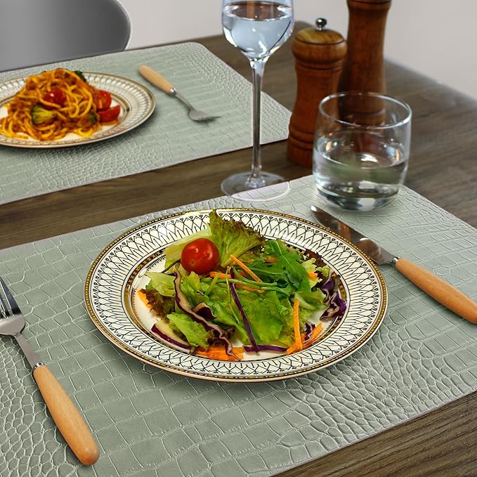 Jovono Faux Leather Placemats Set of 6, Waterproof Heat Resistant Dinner Place Mats for Dining Table, Non-Slip Crocodile Embossed, Green (17.8x11.8 Inch)