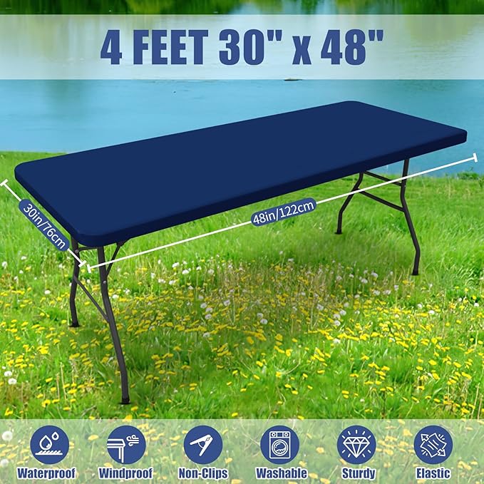 Spandex 4 Foot Rectangle Table Cloth 2 Pack, Elastic Fitted Tablecloths for Picnic, Stretch Washable Patio Table Cover for Outdoor, Camping, Banquet and Parties (Navy, 30"x48")
