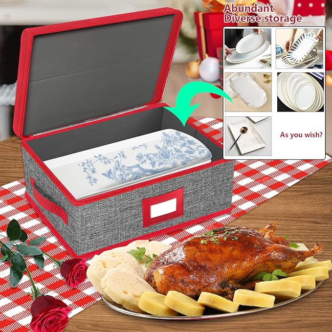 VERONLY Christmas Platter Storage Case - Plate Storage Containers, Stackable China Storage Containers Hard Shell,4 Felt Dividers Included for Dish,Plate, Dinnerware and Transport,Gray and Red