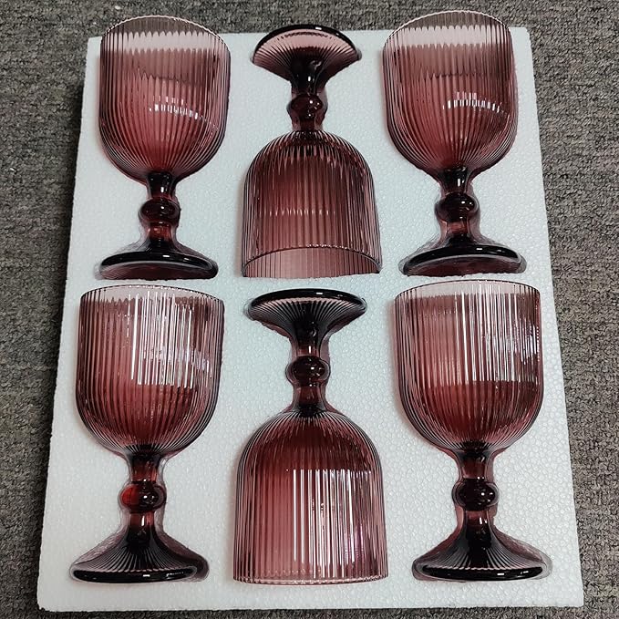 Purple Glasses Drinking Water Goblets set of 6 Colored Wine Glasses 13oz Pink Vintage Glassware for Wedding Party Bar Vertical Line Embossed Pattern Stemmed Cups 400ml